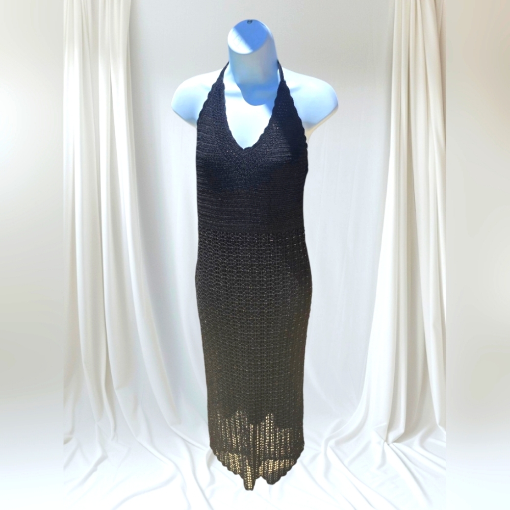 NWOT Sexy, Black Krochetta by Papillon Beaded Crochet Halter Midi Dress Size M